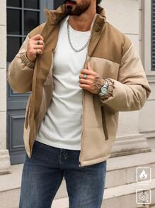 Manfinity Homme Áo khoác nam tay dài có túi khóa kéo màu tương phản cỡ lớn, mùa đông - Màu Khaki - Xem 5