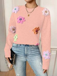 Chiquease Colorful 3D Floral Decor Loose Casual Crew Neck Sweater, Cute & Soft Style For Autumn/Winter Knit Pullover Fall - Baby Pink - View 3