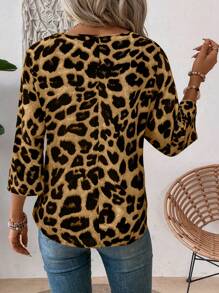SHEIN LUNE Women's Casual Leopard Print Blouse, Suitable For Daily Outing, Autumn - Brown - View 2