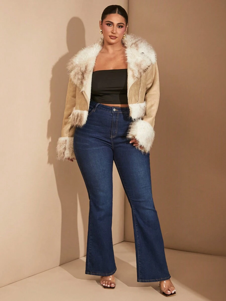 SHEIN BAE Cappotto oversize da donna in pelliccia sintetica, giacca in pelliccia morbida e soffice, con motivo sfumato astratto, giacca corta con colletto e orlo in pelliccia, cappotto invernale in montone - Albicocca - Visualizzare 1