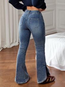 SHEIN EZwear 女式口袋喇叭腿休闲百搭牛仔裤 - 藍色 - 查看 2