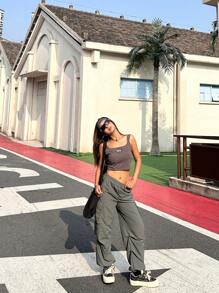 SHEIN Teen Girl Solid Color Ribbed Cami Top And Ruched Wide Leg Pants Casual 2 Pieces Set - Grey - View 7