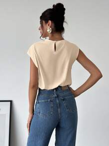 Firerie Áo sơ mi nữ đơn giản, thanh lịch, thời trang công sở, cổ đứng, vai lệch, xếp ly, tay ngắn, ôm dáng. - Màu Khaki - Xem 3