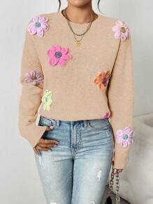 Chiquease 时尚柔美彩色3D花卉图案宽松休闲套头毛衣，适合秋冬季针织套头衫 - 杏色 - 查看 7