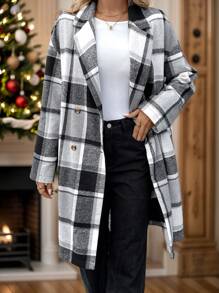 SHEIN LUNE Thick & Warm Plaid Printed Long Ladies Overcoat, Autumn Winter - Black and White - View 1