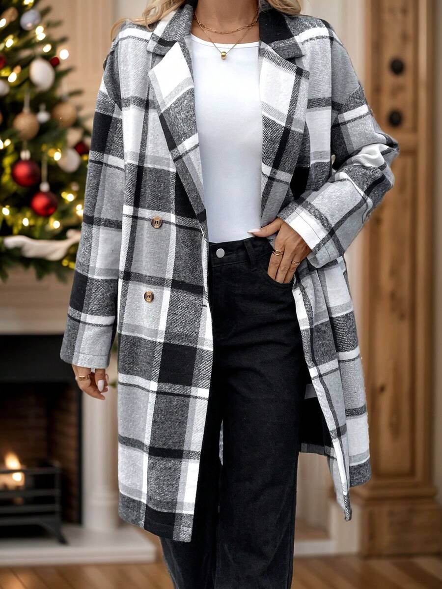 SHEIN LUNE Thick & Warm Plaid Printed Long Ladies Overcoat, Autumn Winter - Black and White - View 1