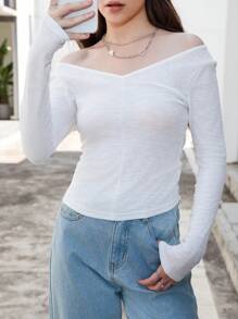 INAWLY Áo thun cổ chữ V hở vai họa tiết gân đơn giản dành cho nữ - trắng - Xem 1