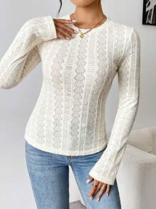 Chiquease Women Elegant Fluffy Lace Material Crew Neck T-Shirt, Autumn/Winter