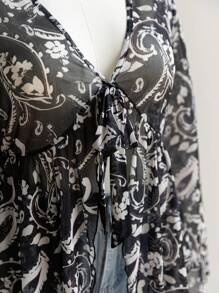 Soleia 大码女式复古佩斯利印花针织网眼前开收腰喇叭袖衬衫，适合假日/冬季