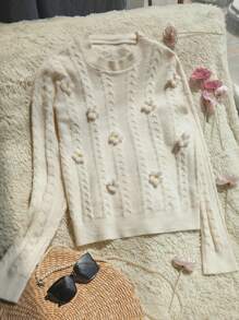 Aveloria Flower Decor Round Neck 3D Floral Design Pullover Sweater For Women, Autumn Knit Pullover Fall Winter Outfit