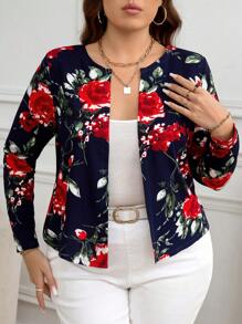 SHEIN Clasi Veste casual légère à manches longues avec imprimé floral pour grandes tailles - Bleu marine - Voir 6