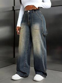 SHEIN Slayr Women's Casual Loose Fit Straight Leg Jeans With Large Pockets - Blue - View 6