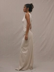 MUSERA Đầm maxi dài không tay, kiểu quấn, màu trơn, thích hợp cho đi Ibiza, nghỉ lễ, đi club, tốt nghiệp. - Màu Khaki - Xem 3