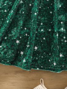 SHEIN Baby Girl Cute Green Velvet Sequin Pattern Long Sleeve Christmas Dress, Autumn/Winter