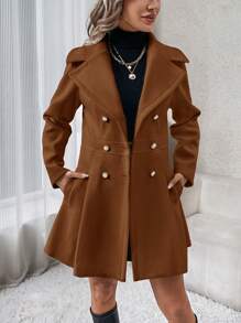 SHEIN Clasi Women's Solid Color Button-Up Front Long Sleeve Pocket Casual Jacket - Coffee Brown - View 4