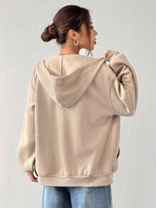 Muchica 1pc Women Khaki Color Thermal Lined Hooded Zipper Sweatshirt, Autumn/Winter - Khaki - View 2