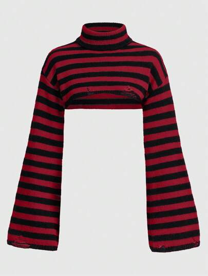 Grunge Punk Femme Casual Col Montant Rouge et Noir Rayé Super-Court Chemisier à Manches Evasées