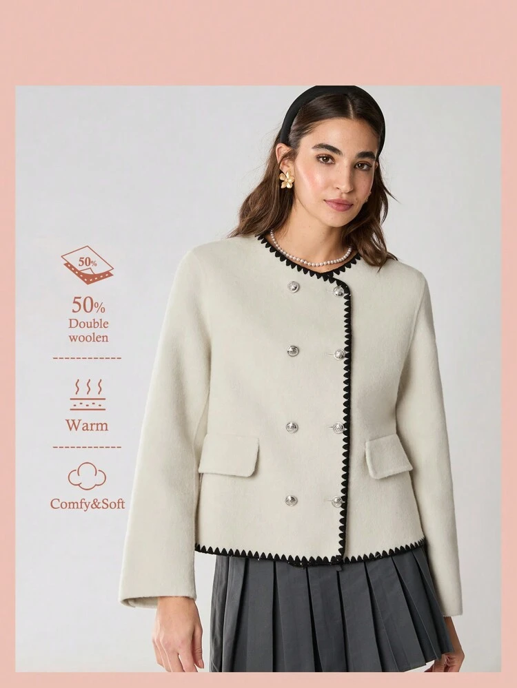 Novos Produtos de Outono e Inverno, Casaco Comprido com Mangas Longas de Abotoamento Duplo e Aplicação de Flores Reversível Feminino, Vestuário Feminino de Outono e Inverno, Looks Femininos de Outono, Roupas de Inverno, Roupas para Clima Frio, Casaco Feminino de Inverno, Roupas Femininas de Natal