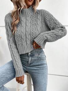 Calvaya Women Solid Stand Collar Long Sleeve Cropped Casual Pullover Sweater, Autumn/Winter