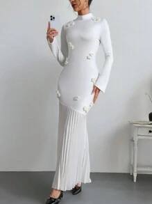 Firerie Women's White 3D Flower High Neck Long Sleeve Pleated Slim Dress