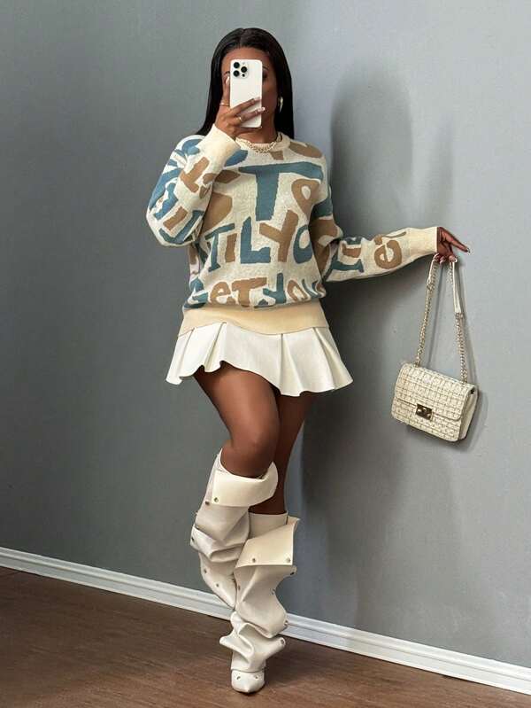 Slaydiva Letter Jacquard Crew Neck Loose Knit Sweater,Long Sleeve Tops