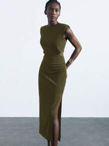 Maija 女士橄榄绿色腰部镂空设计优雅都市端庄百搭宽松圆领开衩侧中长连衣裙，适合所有季节 - 軍綠色 - 查看 1