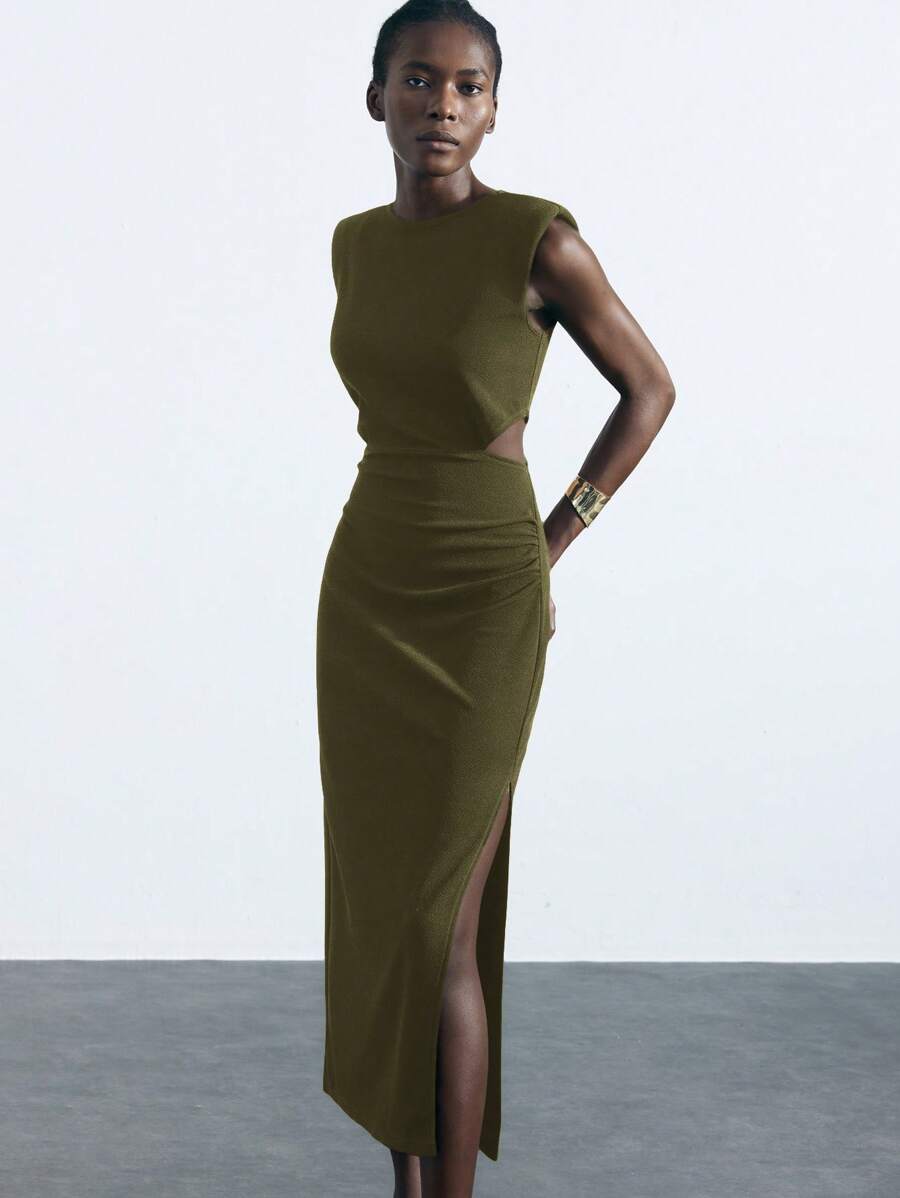 Maija 女士橄榄绿色腰部镂空设计优雅都市端庄百搭宽松圆领开衩侧中长连衣裙，适合所有季节 - 軍綠色 - 查看 1