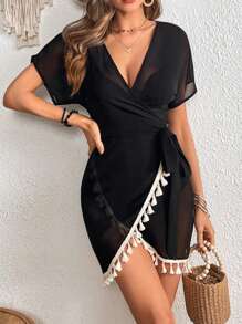 SHEIN Swim Tassel Trim Knot Side Kimono,Summer Beach - Black - View 1