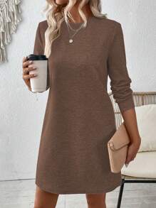EMERY ROSE 女士休闲简约纯色纹理常规长袖连衣裙秋季 - 咖啡棕 - 查看 7