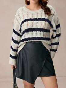 SHEIN Frenchy Plus Size Women Striped Round Neck Drop Shoulder Long Sleeve Casual Knit Pullover Sweter Jesień