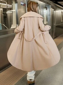 SHEIN Essnce 女士冬季羊毛风衣裹身大领高低夹克外套配腰带，米色 1 件女士休闲纯色长袖口袋夹克，日常穿着 - 杏色 - 查看 4