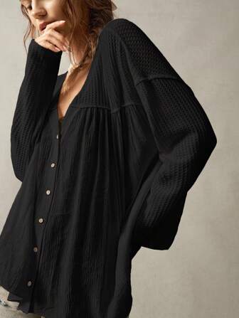 Bohemela Einfarbiges gestricktes Patchwork-Langarmhemd in lässiger Passform für Damen Herbst Winter, lässiger BOHO Stil, Farbe Weiß
