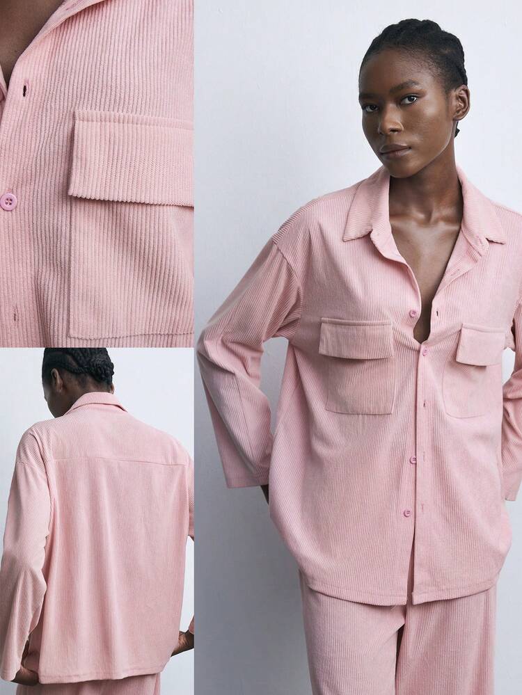 SHEIN Maija Nowa jesienno-zimowa retro elegancka miejska szykowna różowa koszula sztruksowa, swobodna na zewnątrz ciepła