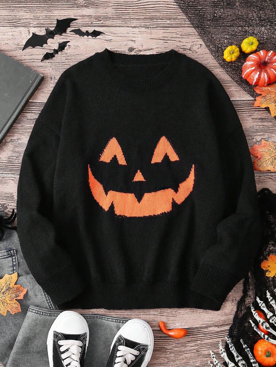 SHEIN Clasi Sweter z okrągłym dekoltem i uśmiechniętą twarzą w rozmiarze plus size dla kobiet