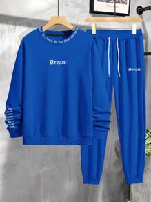 Manfinity Homme Set de 2 piezas: Sudadera de cuello redondo de manga larga con estampado de letra y pantalón de chándal casual para hombre, otoño - Azul - Ver 4