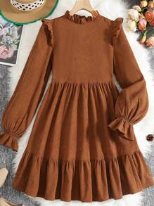 SHEIN Leap Crew 少女棕色灯芯绒荷叶边下摆宽松长袖复古优雅休闲连衣裙，适合冬季、假日、除夕、复古、高领、新年、圣诞节 - 棕色 - 查看 1