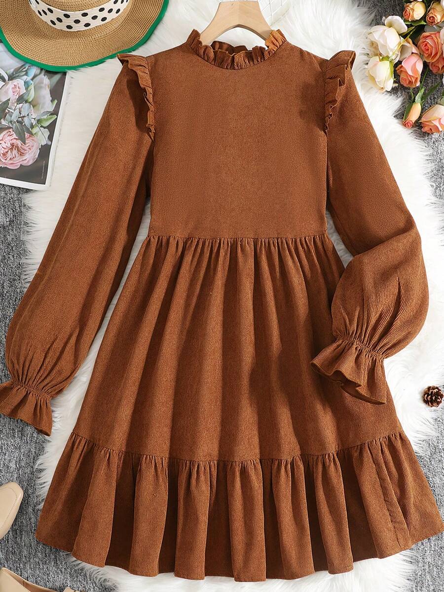 SHEIN Leap Crew 少女棕色灯芯绒荷叶边下摆宽松长袖复古优雅休闲连衣裙，适合冬季、假日、除夕、复古、高领、新年、圣诞节 - 棕色 - 查看 1