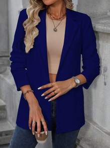SHEIN LUNE Áo khoác blazer nữ tay dài cổ bẻ màu trơn thanh lịch, mùa thu - Xanh đậm - Xem 4