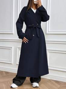 Chiquease 女士休闲翻领双排扣系带长款风衣，秋季 - 藏蓝色 - 查看 4