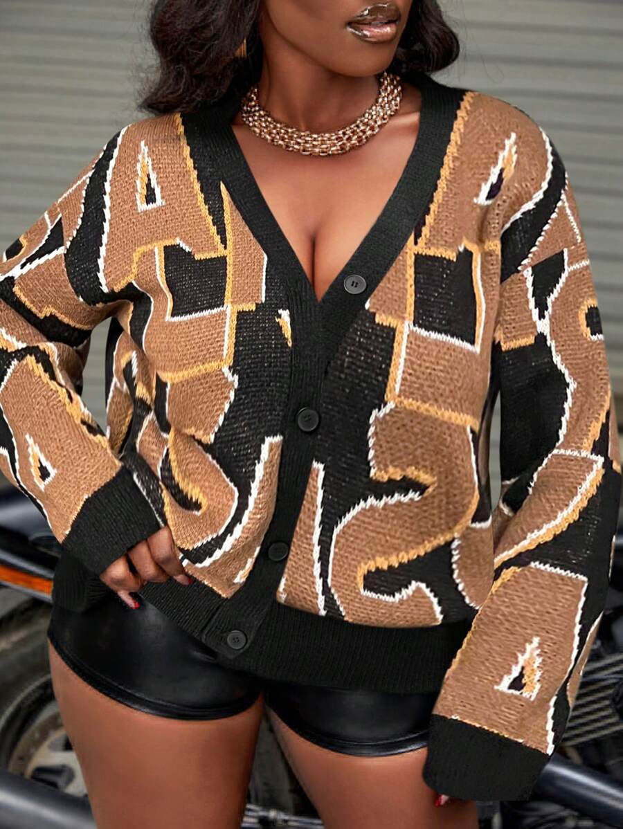 Slaydiva Áo len cardigan dáng rộng tay dài một hàng khuy họa tiết chữ cho nữ, thường ngày thu/đông, áo dài tay - Nhiều màu - Xem 1