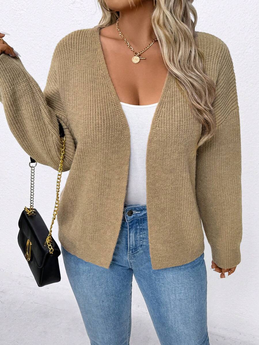 SHEIN LUNE 米色优雅休闲针织开衫 - 卡其色 - 查看 1