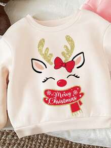 SHEIN 3 件套儿童圣诞可爱驯鹿、雪人、圣诞老人印花“我是雪可爱”休闲厚羊毛圆领运动衫适合年轻女孩，适合秋冬季 - 彩色 - 查看 4