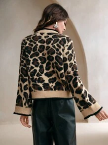 Anewsta 女式长袖欧式法式豹纹蝴蝶结开衫，秋冬