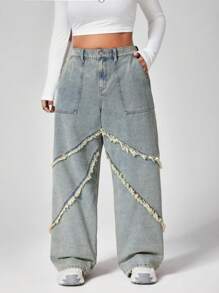 SHEIN ICON Plus Size Women Fashionable Loose Fringed Distressed Wash Denim Jeans