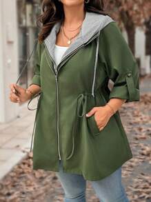 Calvaya Chaqueta informal talla grande 2 en 1 con cintura con cordón y capucha, mangas enrollables - Verde militar - Ver 4