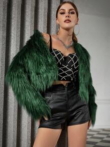 Eilly Bazar 素色開門襟毛茸茸外套 - 墨綠色 - 查看 1