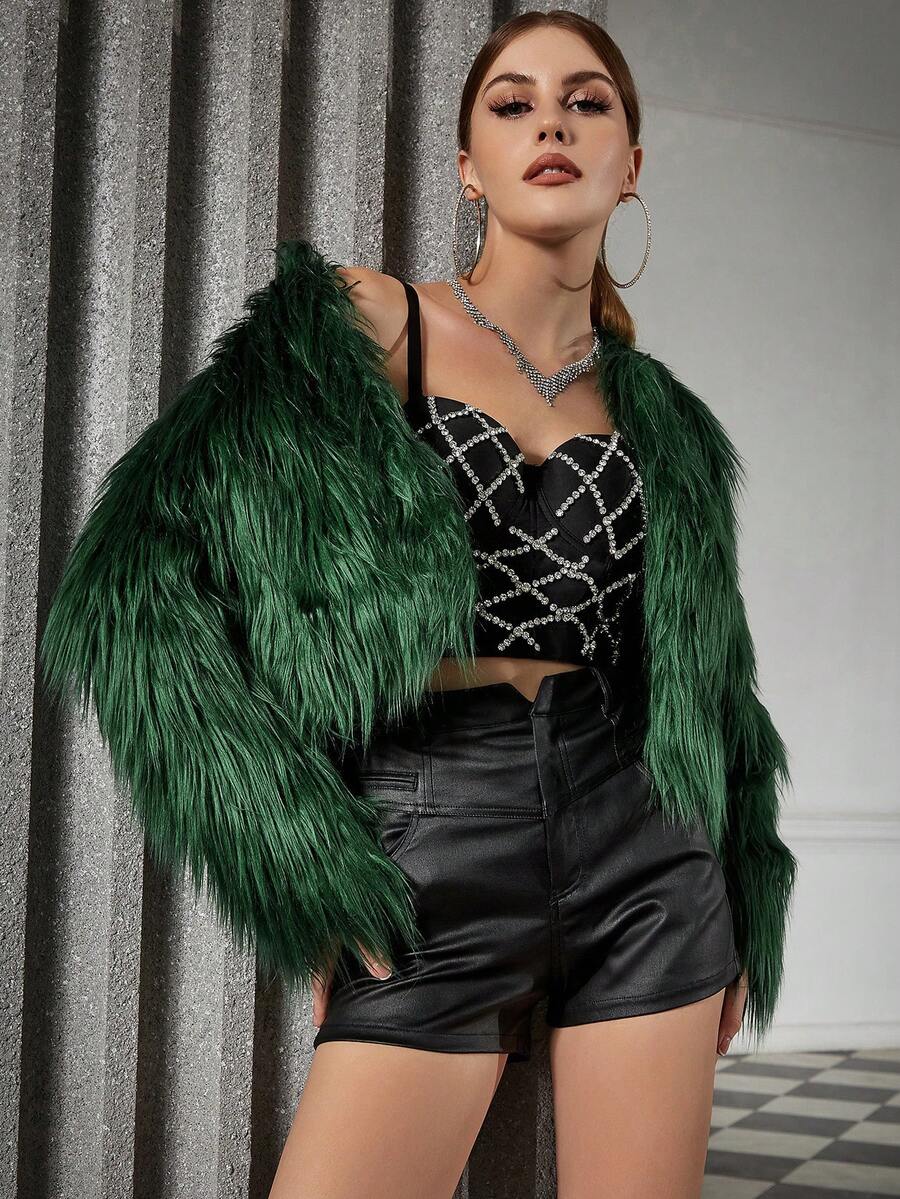 Eilly Bazar 素色開門襟毛茸茸外套 - 墨綠色 - 查看 1