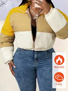 Slaydiva Plus Size Women's Daily & Casual & Streetwear Quilted Padded Coat With Shortened & Long Sleeve And Multi-Color Patchwork Design, Autumn/Winter - C