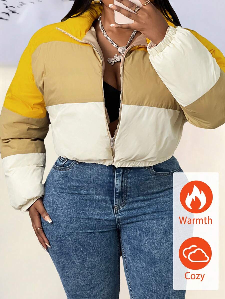 Slaydiva Plus Size Women's Daily & Casual & Streetwear Quilted Padded Coat With Shortened & Long Sleeve And Multi-Color Patchwork Design, Autumn/Winter - C