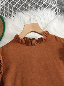 SHEIN Leap Crew 少女棕色灯芯绒荷叶边下摆宽松长袖复古优雅休闲连衣裙，适合冬季、假日、除夕、复古、高领、新年、圣诞节 - 棕色 - 查看 3